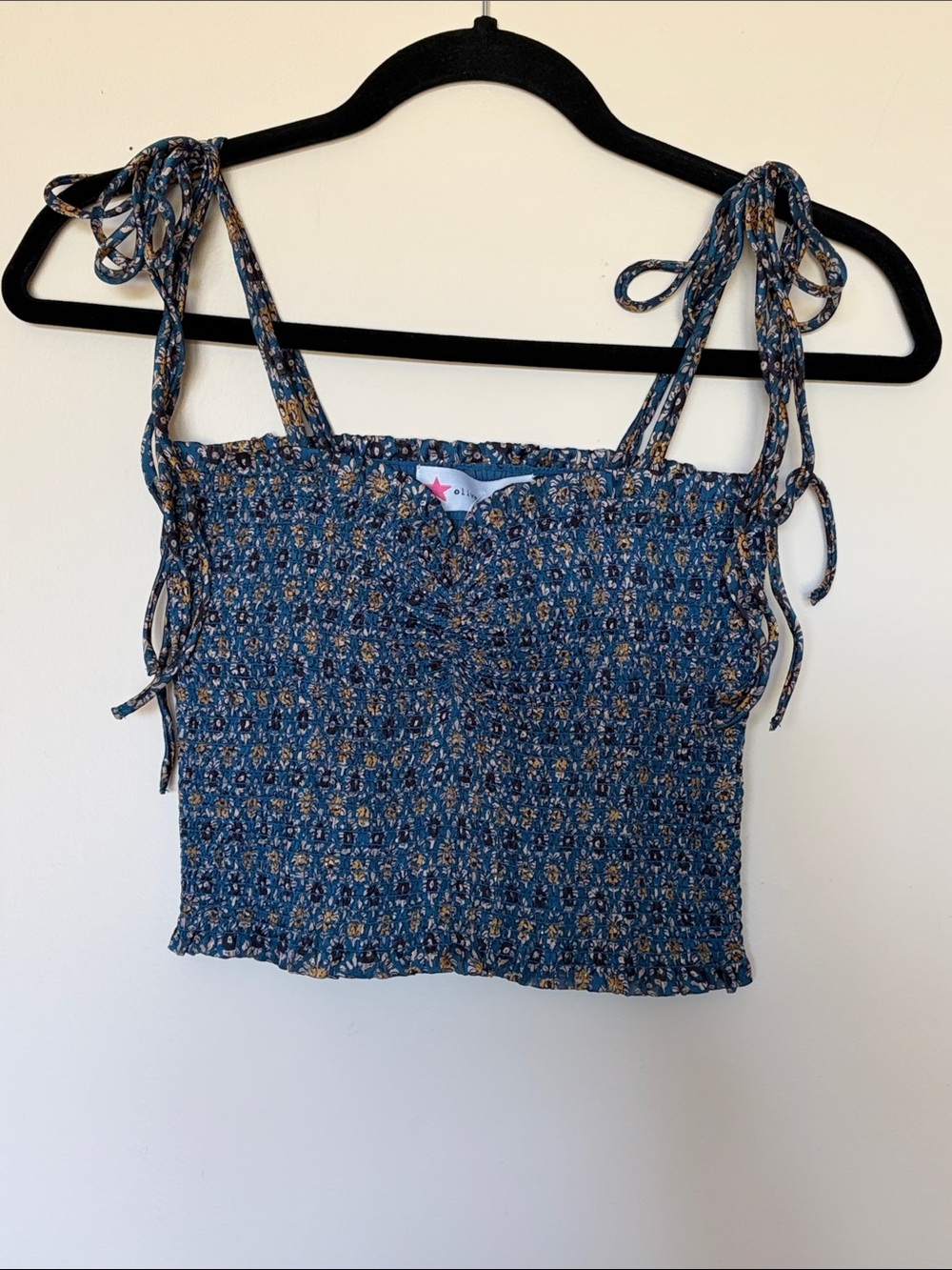 Smocked Tie-Shoulder Crop Top in Blue Floral